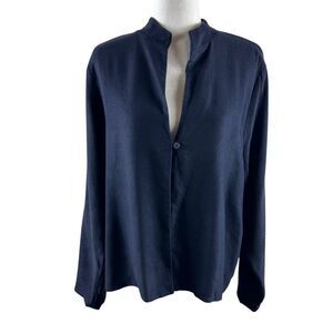 Eileen Fisher High Collar Lightweight Jacket Large Navy Rayon Easy Fit Coastal